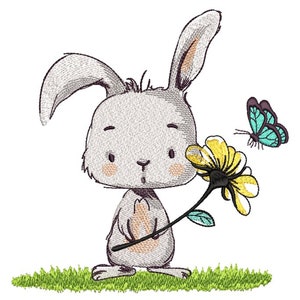 Diseño de bordado de conejo de Pascua con flor. Archivo de bordado de conejo de primavera para bastidor de 5x7, 6x10 y 8x8. Descarga instantánea para proyectos de costura de Pascua.