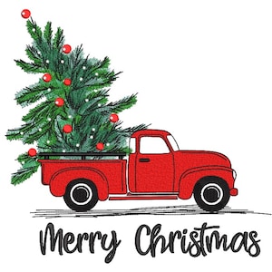 May include: A red vintage pickup truck carrying a Christmas tree decorated with red ornaments and white lights. The words "Merry Christmas" are written in black script below the truck, set against a white background.