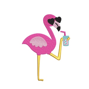 Flamingo with drink embroidery design, Summer embroidery file, 4 sizes, Instant Download