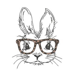 Könnte beinhalten: Eine Schwarzweiß-Zeichnung eines Kaninchens mit einer Leopardenmuster-Brille.