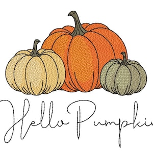 May include: An illustration of three pumpkins in varying sizes and colors: orange, tan, and green. The text "Hello Pumpkin" is written in a cursive font below the pumpkins. The image is set against a white background.