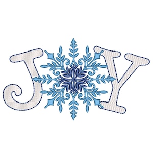 May include: A white embroidered design of the word "JOY" with a blue snowflake in the center.