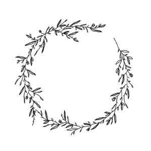 Puede incluir: Un dibujo en blanco y negro de una corona hecha de hojas simples y pequeñas flores.