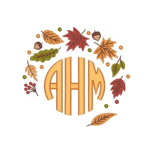 Fall Monogram Machine Embroidery Design, Autumn Leaves Embroidery Design, 3 sizes, Instant Download