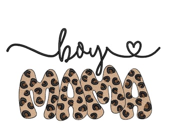 May include: A graphic design with the words "boy mama" in black script. The word "mama" is in a leopard print pattern. A small heart is above the word "mama".