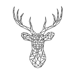 May include: A black and white geometric line art illustration of a deer head with antlers.