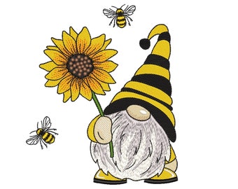 May include: A gnome with a black and yellow striped hat holds a yellow sunflower. Three yellow and black bees are flying around the gnome and sunflower.
