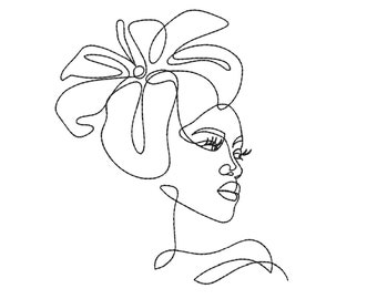 Hermoso diseño de bordado a máquina de mujer afroamericana joven, diseño de bordado de arte de una línea, 4 tamaños, descarga instantánea