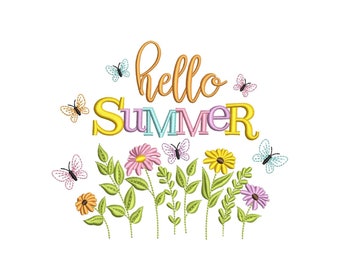 Hello Summer Embroidery Design, 4 sizes, Instant Download