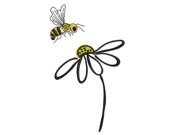 May include: A black and white line drawing of a bee flying towards a yellow daisy.