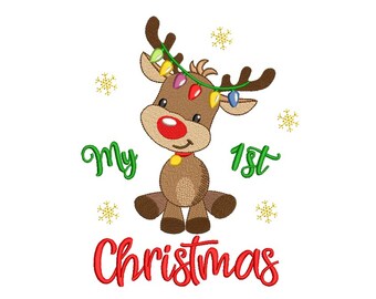 Il mio 1 ° renna Ricamo Natale Design, Il mio primo file di ricamo di Natale, 2 dimensioni, Download istantaneo