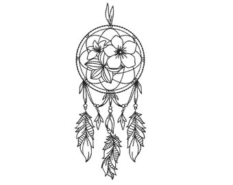 May include: Black and white line art illustration of a dreamcatcher. The circular frame is adorned with flowers and feathers. The dreamcatcher has a central floral design and dangling feathers, beads, and decorative elements.