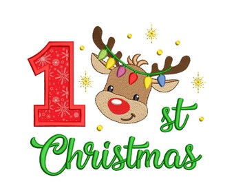 My 1st Reindeer Christmas Applique Embroidery Design, My First Christmas Embroidery File, 3 Dimensioni, Instant Download