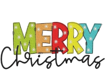 May include: A colorful "Merry Christmas" sign with a patchwork design. Each letter is a different color and has a white snowflake pattern.