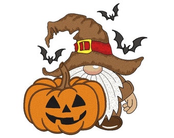 May include: A brown gnome wearing a witch's hat and holding a jack-o'-lantern pumpkin. There are bats flying around the gnome.