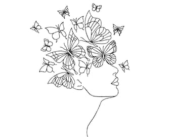 Woman With Butterflies Embroidery Design, 6 sizes, Instant Download