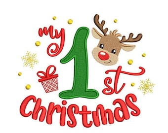 Il mio 1 ° disegno di ricamo natalizio di renna, il mio primo file di ricamo di Natale, 5 dimensioni, download istantaneo