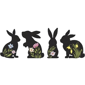 Diseño de bordado de conejitos de Pascua florales, 4 tamaños, descarga instantánea