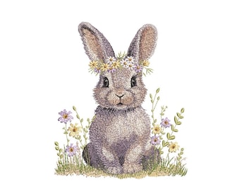 Desenho de bordado de coelho floral, 3 tamanhos, download instantâneo