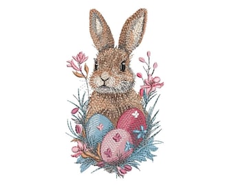 Floral Easter Bunny Embroidery Design, Easter Eggs Machine Embroidery File, 3 sizes, Instant Download