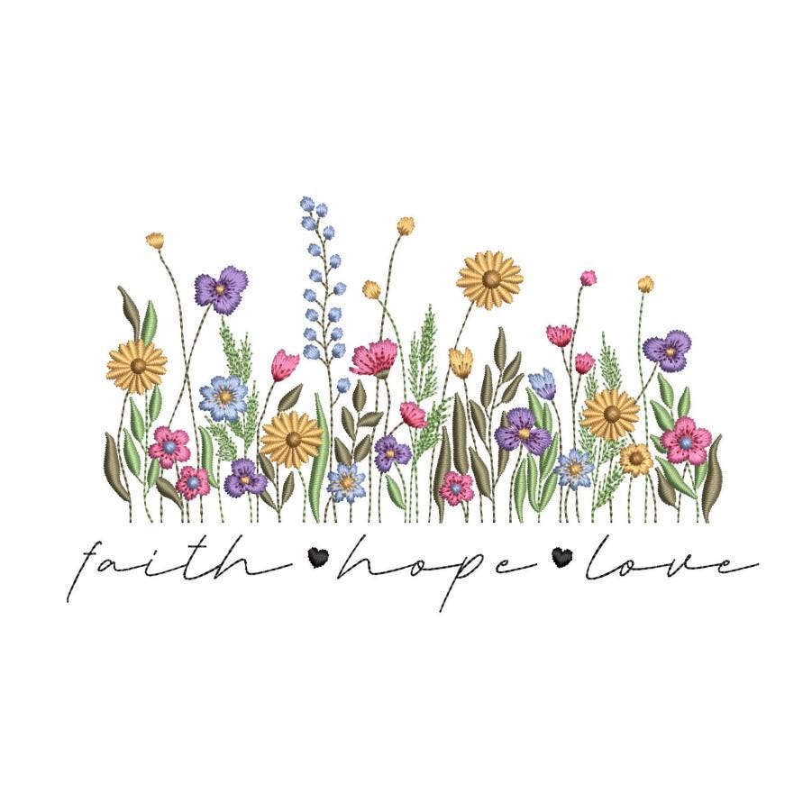 Faith Hope Love Floral Embroidery Design, 3 sizes, Instant Download
