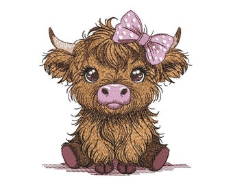Baby Highland Cow Embroidery Design, Farm Animal Embroidery File, 3 Sizes, Instant Download
