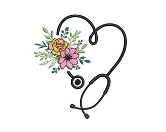 Puede incluir: Un estetoscopio negro en forma de corazón con un diseño floral con flores rosas y amarillas.