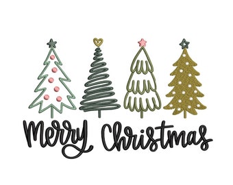 Merry Christmas Embroidery Design, Christmas Trees Embroidery File, Xmas Tree embroidery, 3 sizes, Instant download
