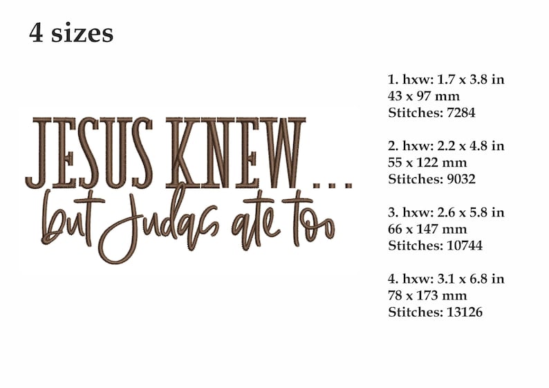 Puede incluir: Dise&ntilde;o de bordado marr&oacute;n con el texto "JESUS KNEW... but Judas ate too". El dise&ntilde;o est&aacute; disponible en cuatro tama&ntilde;os con dimensiones y recuentos de puntadas en pulgadas y mil&iacute;metros.