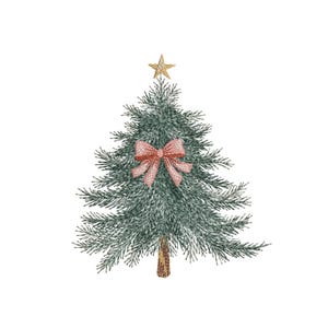 May include: A green Christmas tree with a pink bow and a gold star on top.