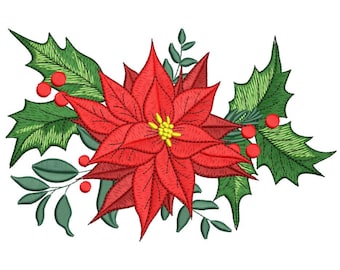 Könnte beinhalten: Gesticktes Design mit einer leuchtend roten Poinsettie mit gelbem Zentrum, umgeben von grünen Stechpalmenblättern und roten Beeren. Geeignet für weihnachtliche Bastelarbeiten und Dekorationen.