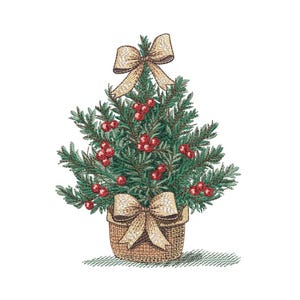 Puede incluir: Un árbol de Navidad bordado en una cesta de mimbre, adornado con bayas rojas y dos lazos beige. El árbol de hoja perenne tiene una apariencia completa y texturizada, con puntadas detalladas que crean un aspecto realista. Los lazos añaden un toque de elegancia.