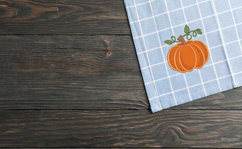 K&ouml;nnte beinhalten: Ein blaues und wei&szlig;es kariertes K&uuml;chentuch mit einer gestickten orangefarbenen K&uuml;rbis mit gr&uuml;nen Bl&auml;ttern.
