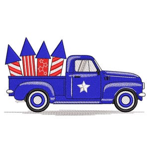 May include: A blue pickup truck with a white star on the side is carrying a load of red, white, and blue fireworks.