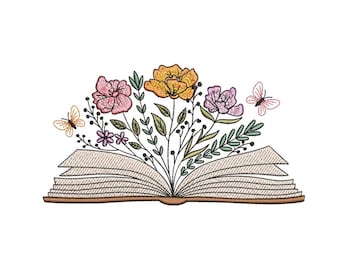 May include: An open book with a bouquet of pink, orange, and purple flowers and green leaves growing from the pages. Two butterflies are flying above the flowers.