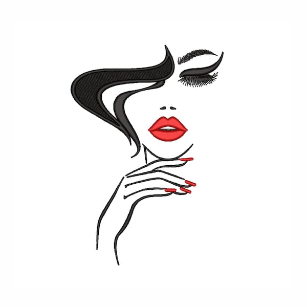 Beau visage de femme avec motif de broderie de lèvres rouges, fichier de broderie de cils luxuriants, 5 tailles, Téléchargement instantané