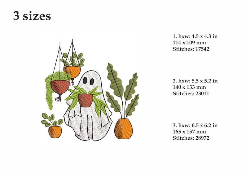 May include: Embroidered design of a ghost holding a potted plant, surrounded by other potted plants. The design is available in three sizes: 4.5 x 4.3 inches, 5.5 x 5.2 inches, and 6.5 x 6.2 inches.