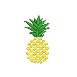 Puede incluir: Una piña amarilla con la parte superior verde, hecha de corazones. La piña está aislada sobre un fondo blanco.