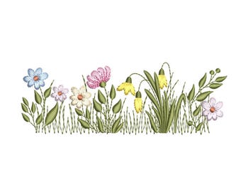 May include: Embroidered design of a row of colourful flowers in a field of green grass. The flowers include blue, pink, white, and yellow.