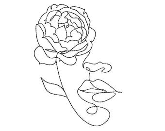 Woman with Flowers Embroidery Design, Line Art Embroidery File, 6 sizes, Instant Download