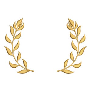 Pode incluir: Design de coroa de louros bordada em dourado. O design simétrico apresenta dois ramos curvos com folhas detalhadas, perfeito para embelezar roupas ou projetos de decoração de casa. Em um fundo branco.