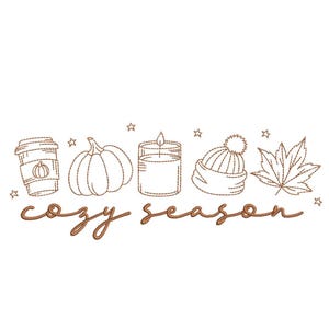 Puede incluir: Un dibujo lineal de elementos otoñales, incluyendo una taza de café, una calabaza, una vela, un gorro y una hoja. Las palabras "cozy season" están escritas en cursiva debajo de las imágenes. Pequeñas estrellas están dispersas.