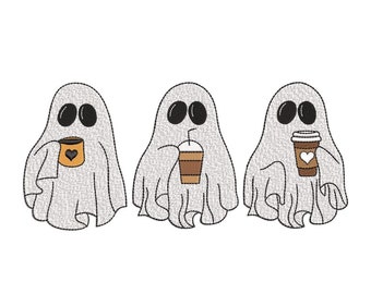 Spooky Ghost with Coffee Embroidery Design Halloween Skull Coffee Machine Embroidery File 5x7 6x10 8x8 Hoops Fall Cute Cozy Pattern