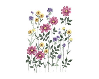 Wildflowers Machine Embroidery Design, 3 sizes, Instant Download