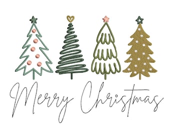 May include: Embroidered design featuring four Christmas trees in shades of green and gold, each with unique details like stars and ornaments. The words "Merry Christmas" are written in a cursive font below the trees.