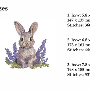 May include: Embroidered design of a brown bunny rabbit sitting in a patch of purple lavender flowers. The design is available in three sizes: 5.8 x 5.4 inches, 6.8 x 6.3 inches, and 7.8 x 7.3 inches.