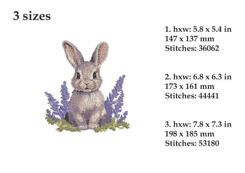 May include: Embroidered design of a brown bunny rabbit sitting in a patch of purple lavender flowers. The design is available in three sizes: 5.8 x 5.4 inches, 6.8 x 6.3 inches, and 7.8 x 7.3 inches.