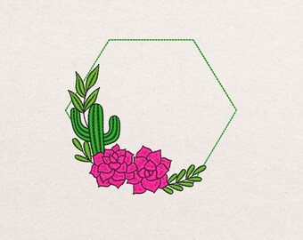 Cactus Frame Embroidery Design, Machine Embroidery Design, 4 Sizes
