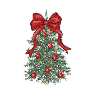 Puede incluir: Diseño de árbol de Navidad bordado con un gran lazo rojo en la parte superior. El árbol está decorado con adornos rojos, bastones de caramelo y pequeñas luces amarillas. El diseño está sobre un fondo blanco.