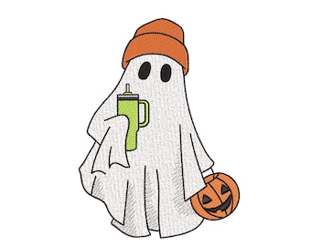 Ghost With Cup Embroidery Design Halloween Ghost Machine Embroidery File For 4x4 5x7 Hoops Spooky Cute Halloween Stitch Pattern